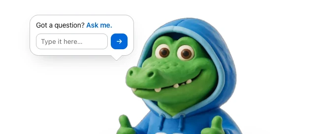 A friendly cartoon crocodile beside a chat box reading ‘Got a question? Ask me.’