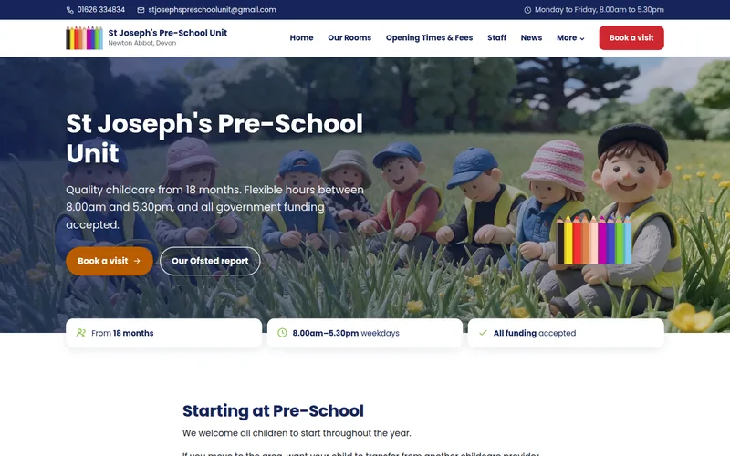 Home page of the new St Joseph’s Pre-School Unit website, showing the hero image, booking button and opening times.
